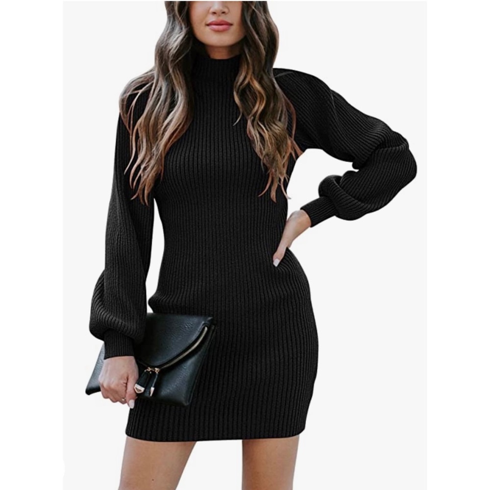 Black Turtleneck Long Sleeve Knit Stretchy Ribbed Mini Sweater Dress Sz Small